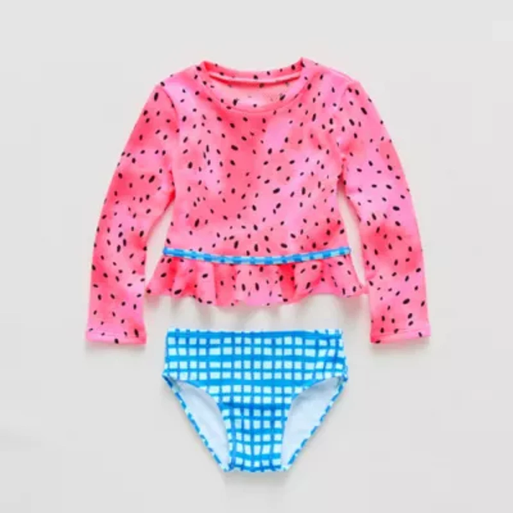 Okie Dokie Textured Toddler Girls Gingham 2-pc. Rash Guard Set