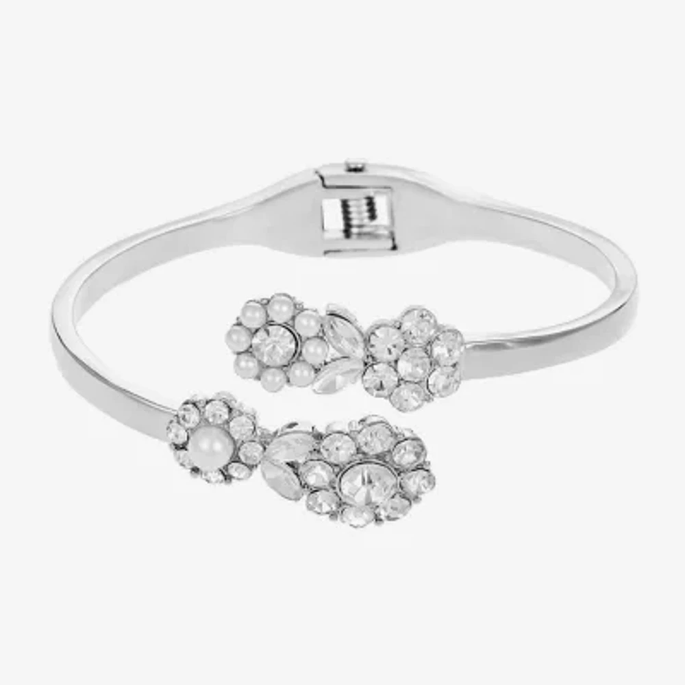 Monet Jewelry Timeless Silver Tone Womens Glass Simulated Pearl Flower Bangle Bracelet