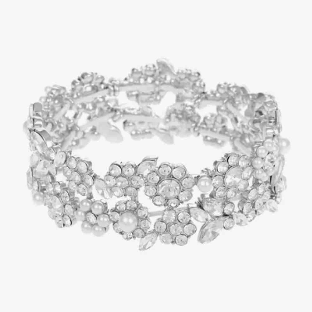 Monet Jewelry Timeless Silver Tone Womens Glass Simulated Pearl Flower Stretch Bracelet