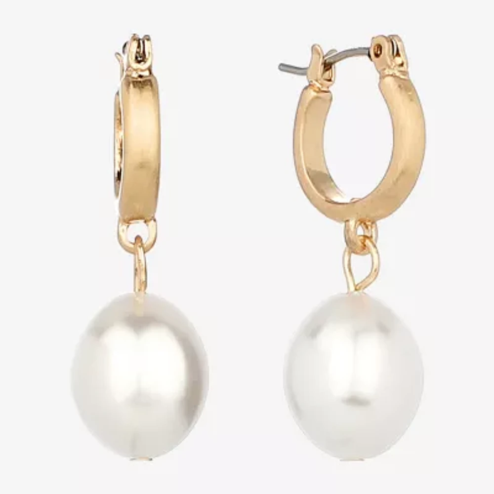 Monet Jewelry Gold Tone Drop Womens Simulated Pearl 31mm Oval Hypoallergenic Hoop Earrings