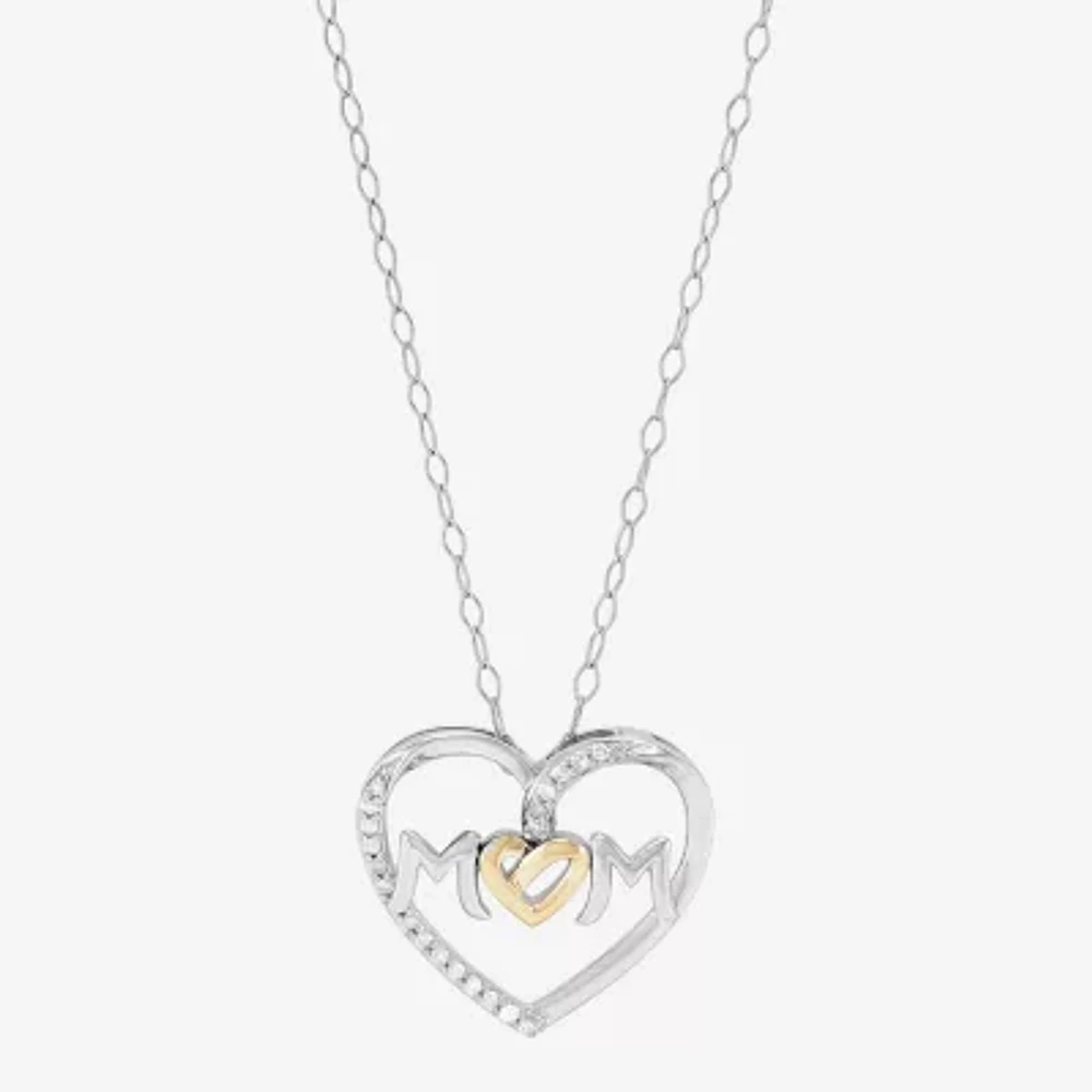 "Mom" Womens 1/10 CT. T.W. Natural White Diamond 10K Gold Sterling Silver Heart 18 Inch Pendant Necklace