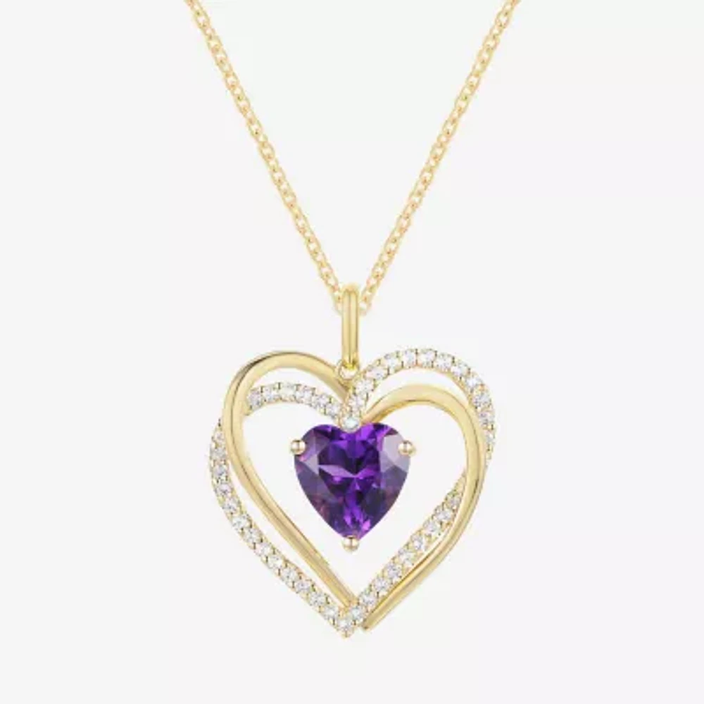 Womens Genuine Purple Amethyst 14K Gold Over Silver Heart 18 Inch Pendant Necklace