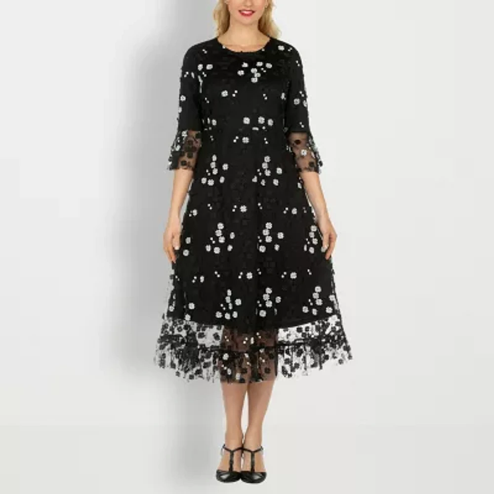 Giovanna Signature Womens 3/4 Sleeve Midi Floral Plus A-Line Dress