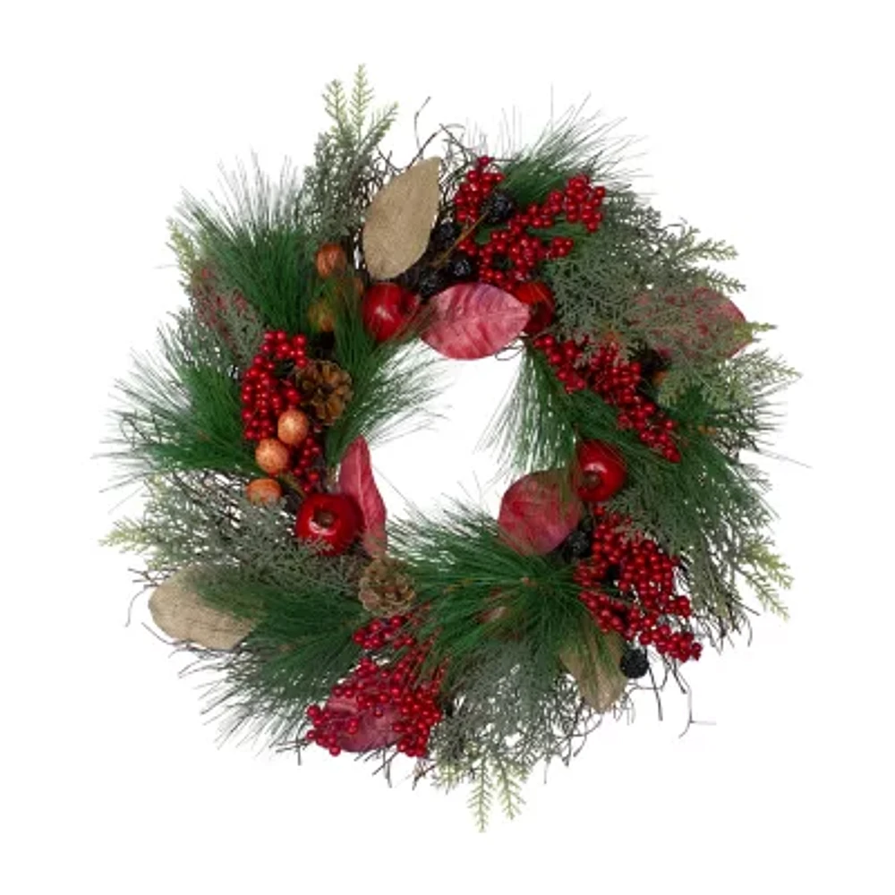 Autumn Harvest Pine Berry and Pomegranate Wreath 24 inch Unlit