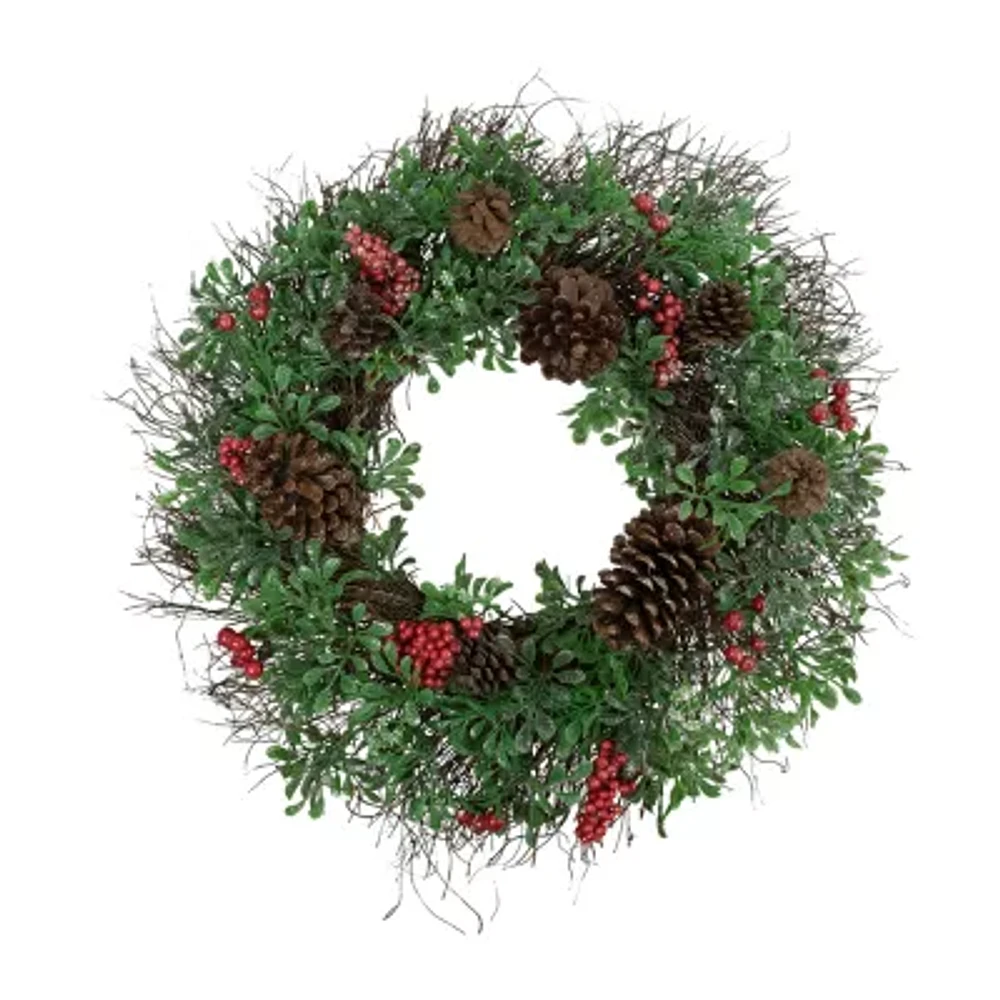Glittered Pine Cone and Red Berry Artificial Christmas Wreath 24-Inch Unlit
