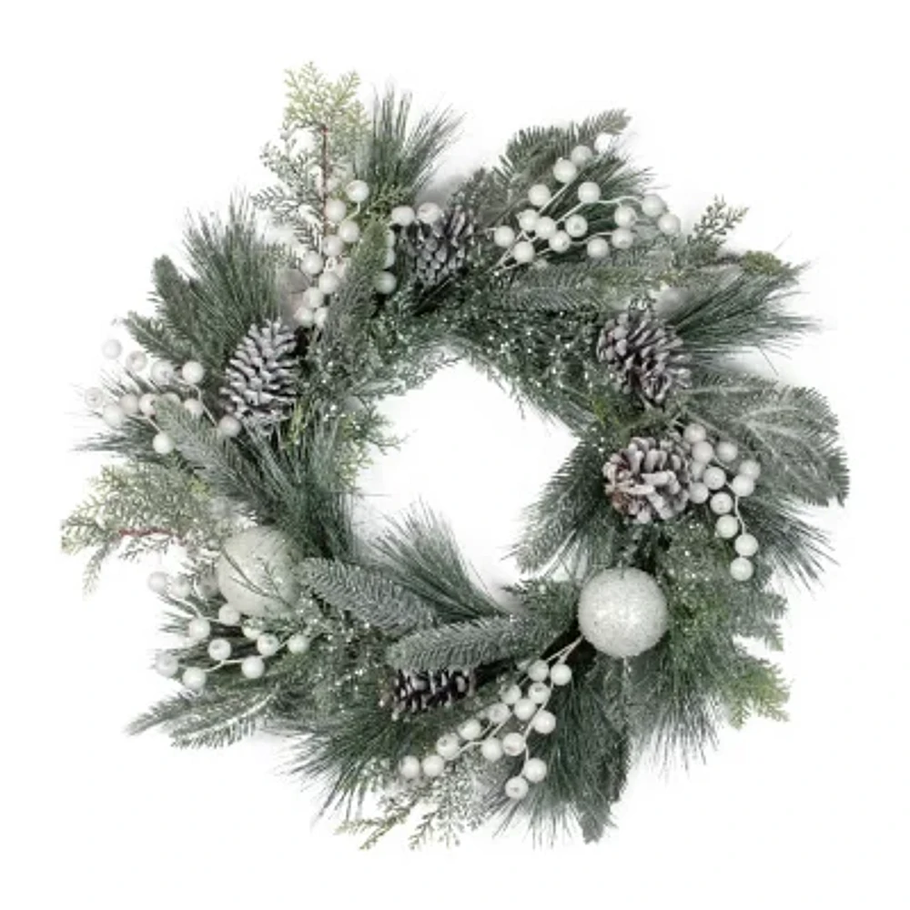 Frosted Mixed Pine and Pine Cone Artificial Christmas Wreath 24-inch Unlit