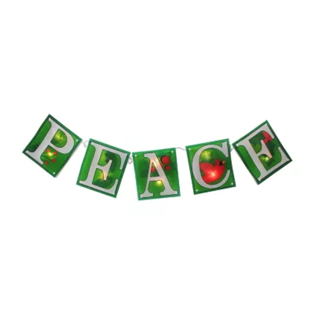 10-Count Green and Red Shimmering ''PEACE'' Lighted Mini Christmas Garland 4.5ft White Wire
