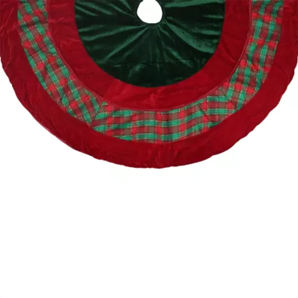 48'' Christmas Traditions Green Red and Gold Woven Plaid and Velveteen Christmas Tree Skirt