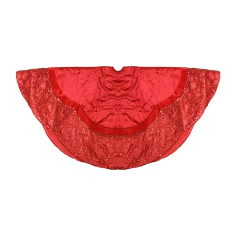 60'' Red Velvet Damask Sequin Embroidered Poinsettia Trimmed Scalloped Edge Christmas Tree Skirt