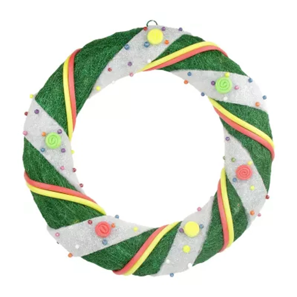 Pre-Lit Green and White Candy Striped Sisal Artificial Christmas Wreath - 18-Inch Clear Lights