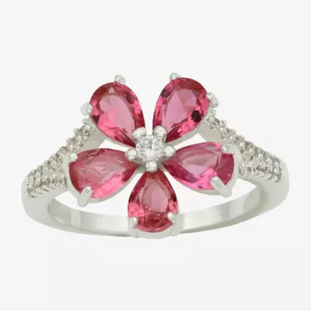 Sparkle Allure Womens Pink Crystal Pure Silver Over Brass Flower Cocktail Ring