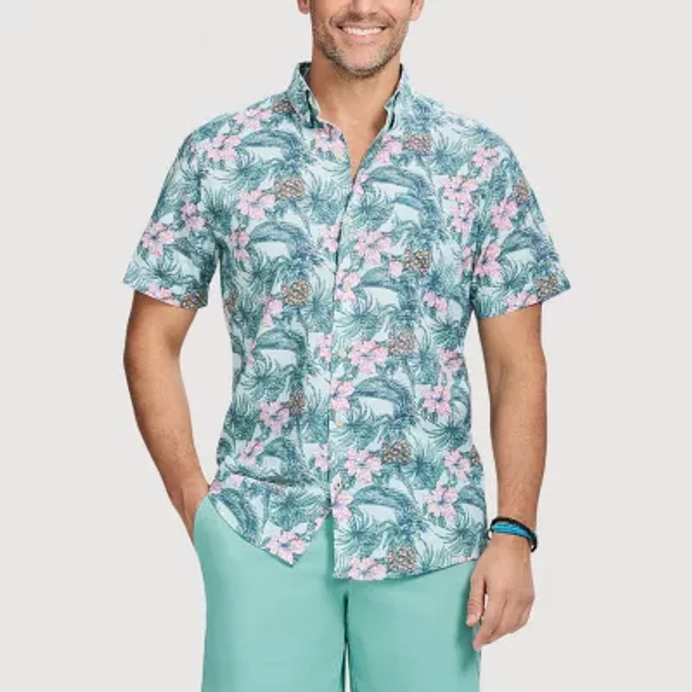 IZOD Dockside Chambray Mens Short Sleeve Regular Fit Stretch Fabric Button-Down Shirt