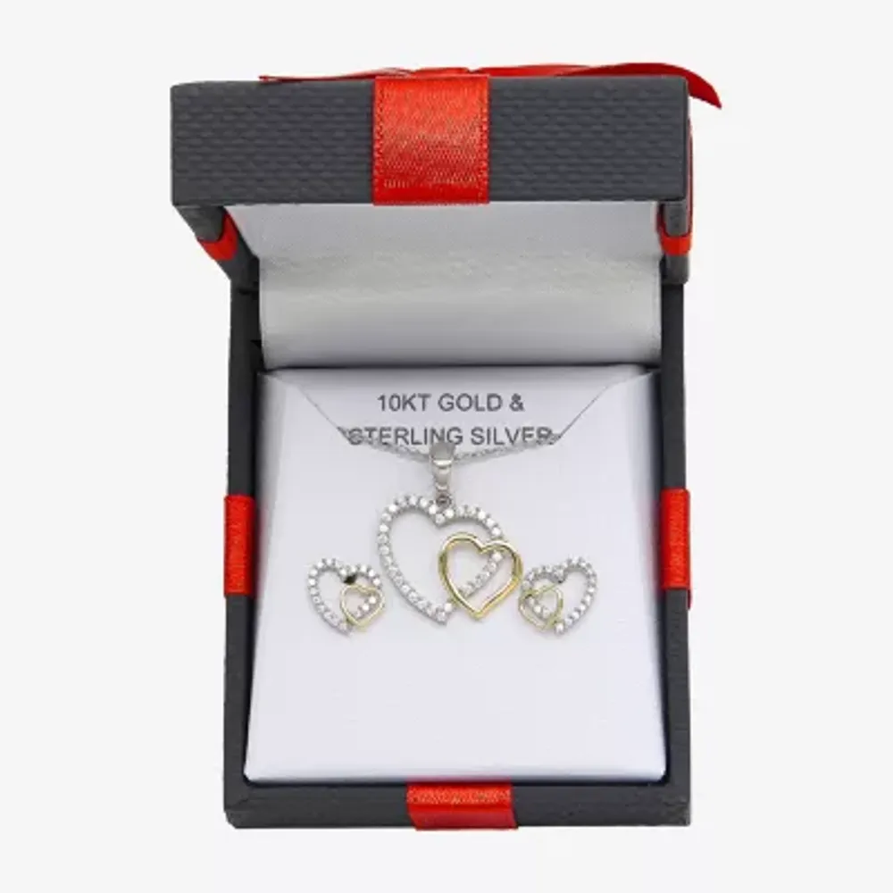 Womens Cubic Zirconia 10K Gold Sterling Silver Heart 2-pc. Jewelry Set