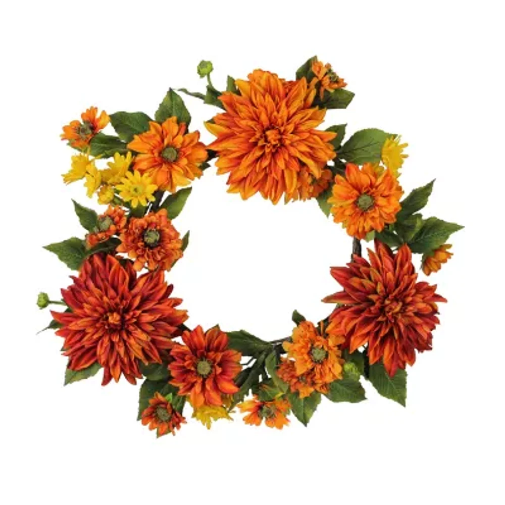 Mums and Daisies Twig Artificial Floral Wreath Orange 22-Inch