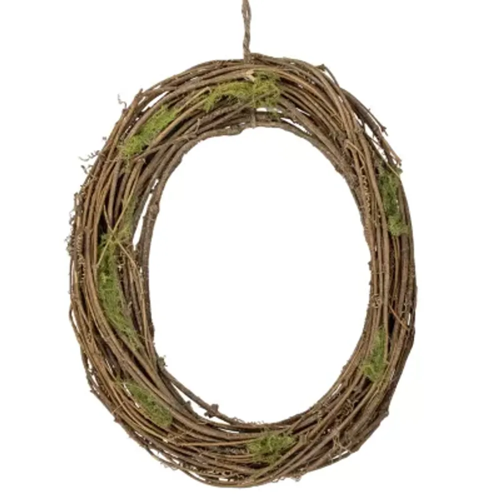 Natural Grapevine and Twig Oval Spring Wreath with Moss 15.5-Inch Unlit