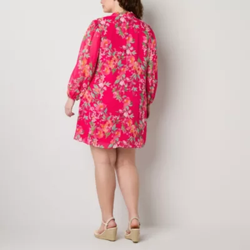 Jessica Howard Womens Long Sleeve Floral Plus Shift Dress