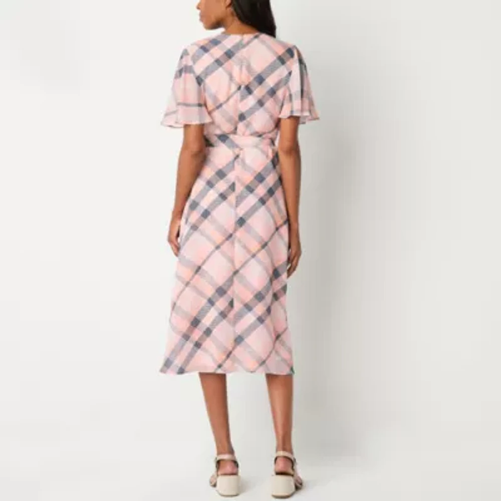 Liz Claiborne Womens Short Sleeve Midi Plaid A-Line Dress