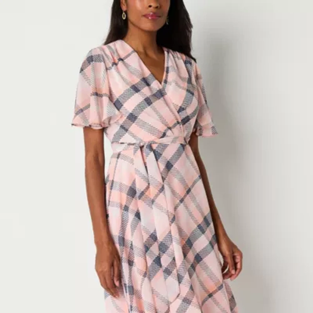 Liz Claiborne Womens Short Sleeve Midi Plaid A-Line Dress