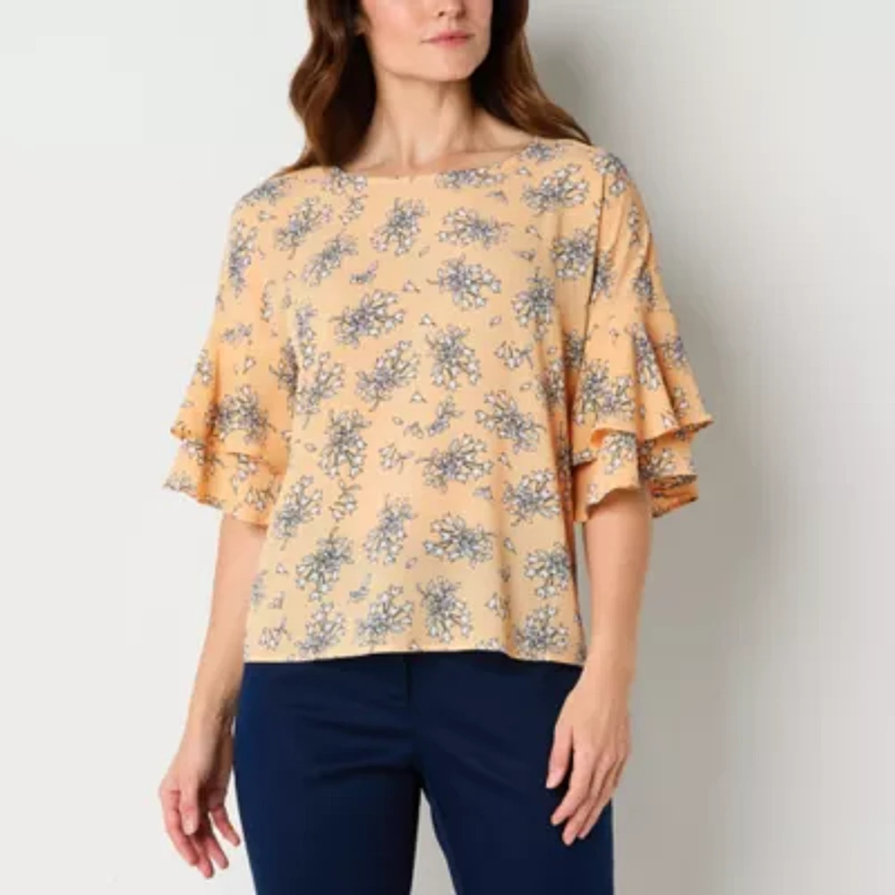 Liz Claiborne Womens Round Neck Elbow Sleeve Blouse