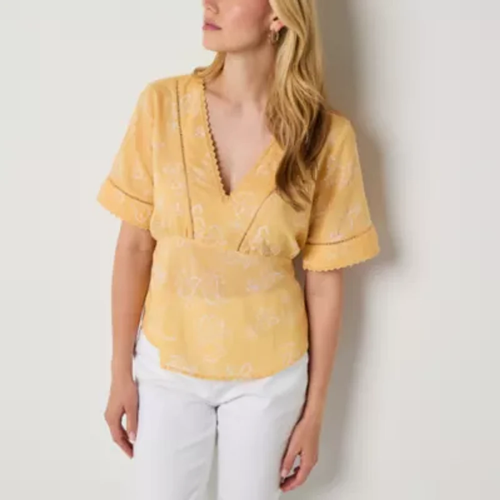 a.n.a Ladder Trim Womens V Neck Short Sleeve Blouse