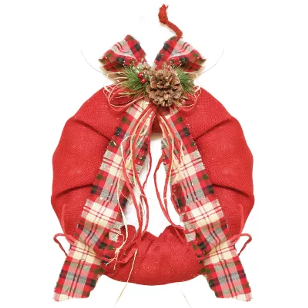 Red Plaid Bow and Pine Accents Artificial Christmas Wreath - 13-Inch Unlit