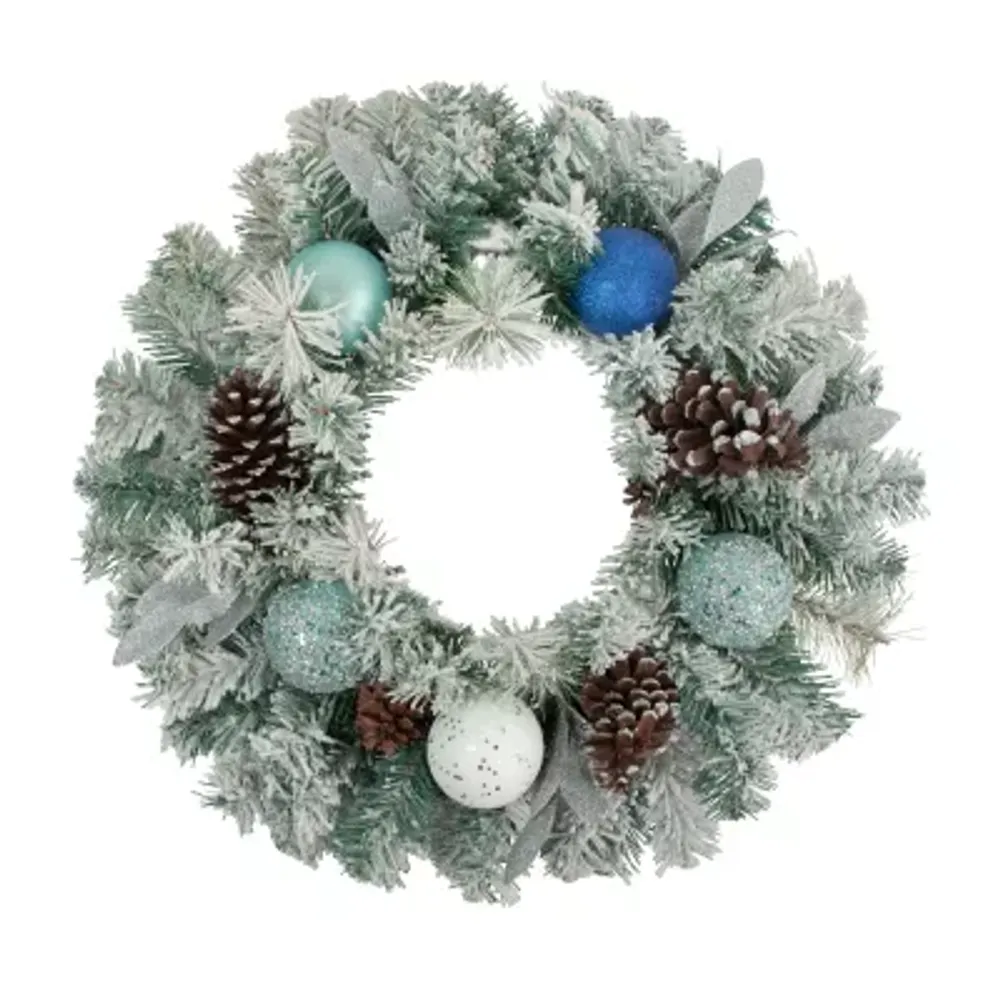 Flocked Pine with Blue and Silver Ornaments Artificial Christmas Wreath 24-Inch Unlit