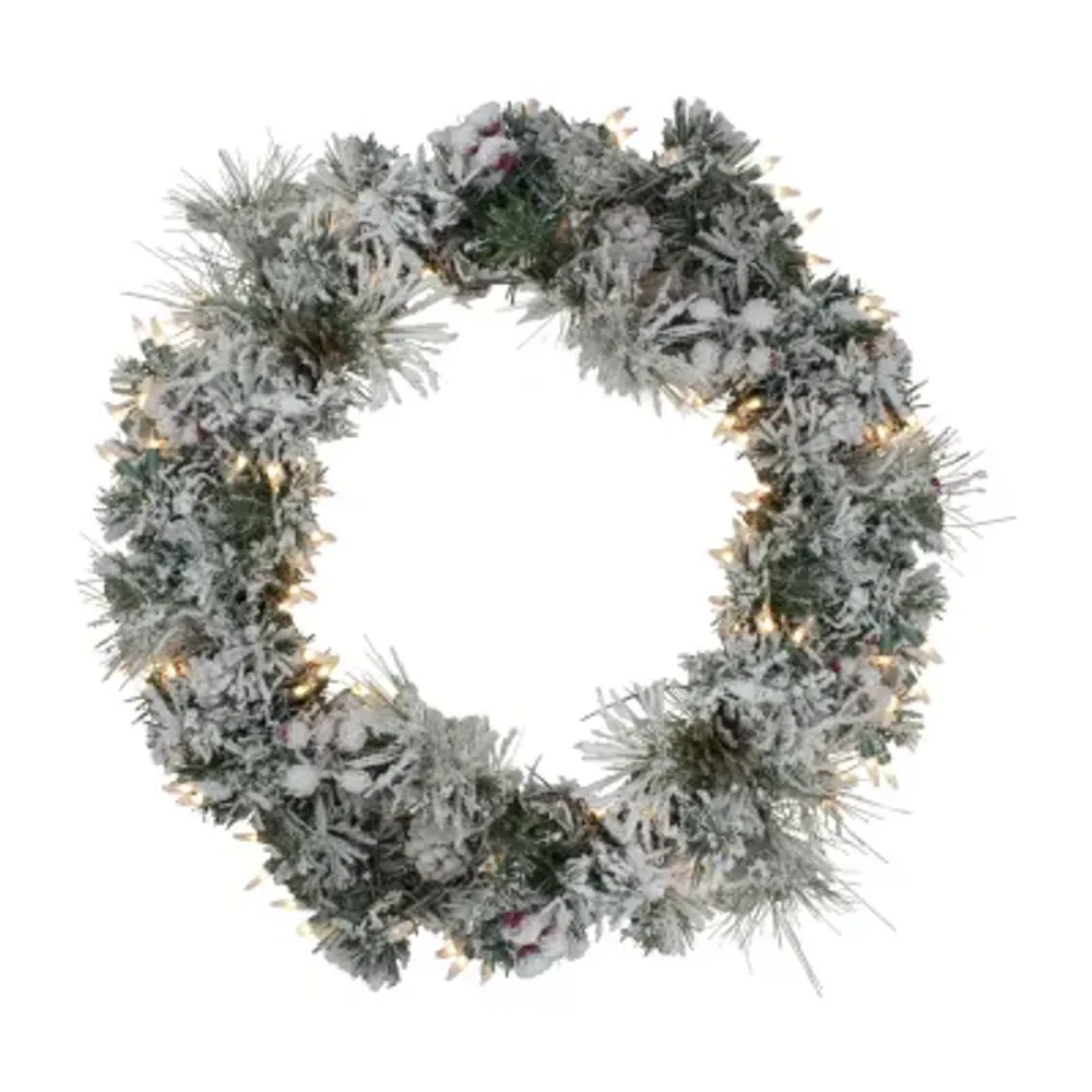 Pre-lit Heavily Flocked Berries and Pine Cones Artificial Christmas Wreath - 24-Inch Clear Lights