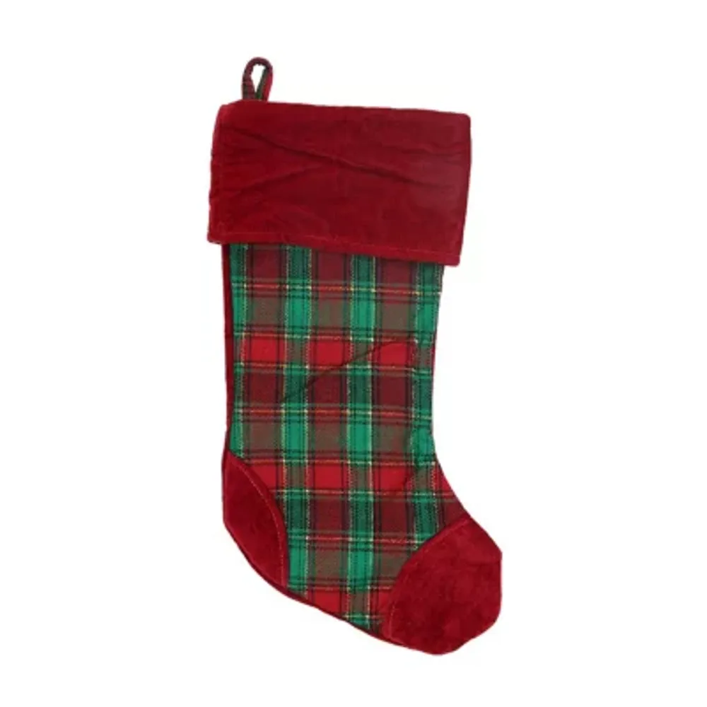 19'' Christmas Traditions Red Green and Gold Woven Plaid and Velvet Stocking