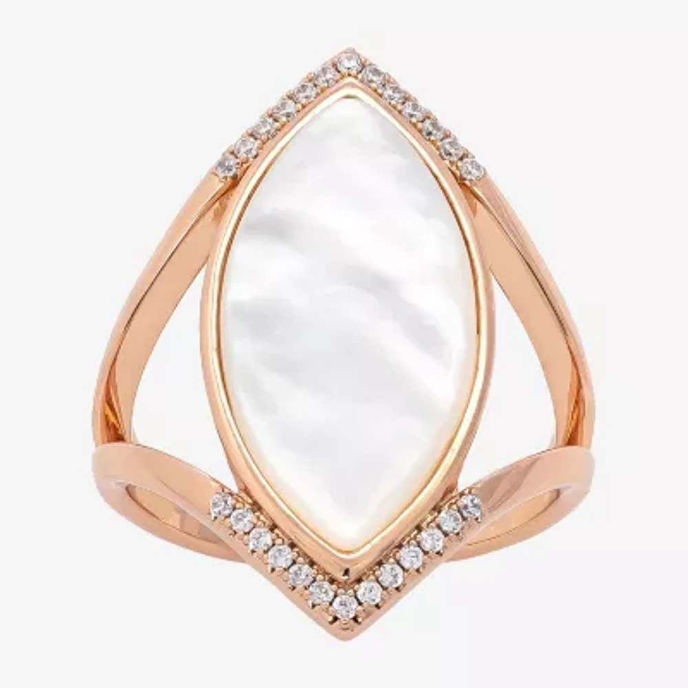 Sparkle Allure Split Shank Womens White Cultured Freshwater Pearl Mother Of 18K Rose Gold Over Brass Marquise Cocktail Ring
