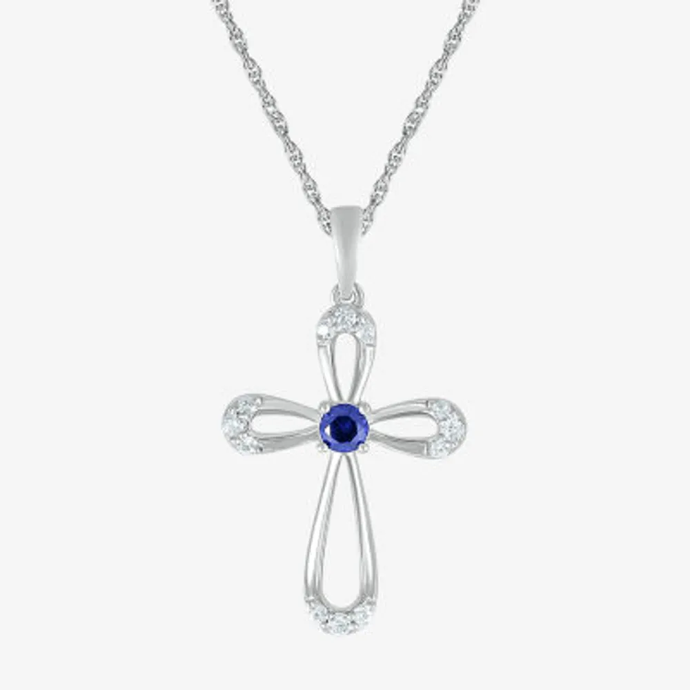 Womens Lab Created Blue Sapphire Sterling Silver Cross 18 Inch Pendant Necklace