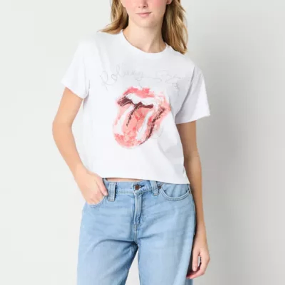 Rolling Stones Embelished Relaxed Cropped Tee Womens Crew Neck Short Sleeve Regular Fit Juniors Graphic T-Shirt