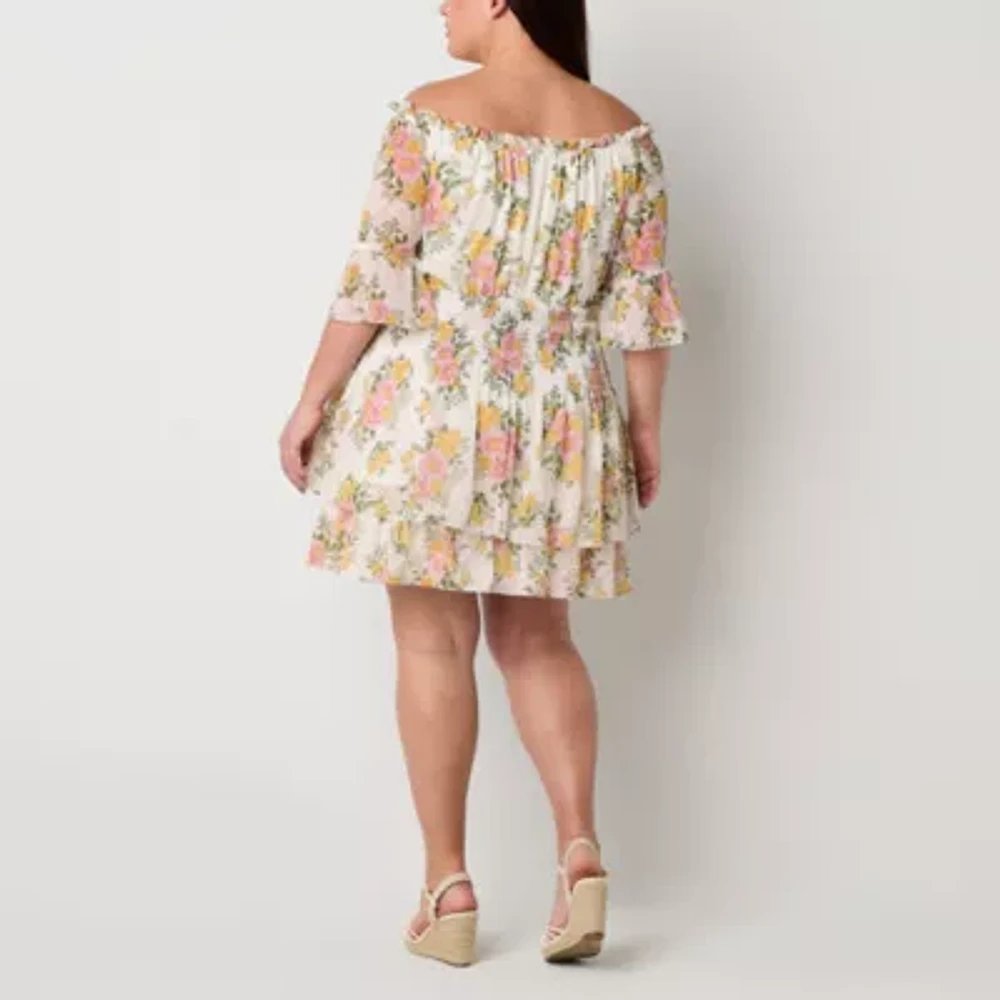 Premier Amour Off The Shoulder Womens 3/4 Sleeve Floral Plus Fit + Flare Dress