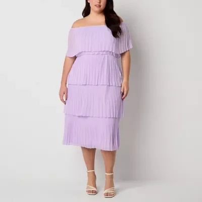 Premier Amour Off The Shoulder Womens Short Sleeve Midi Shift Dress Plus