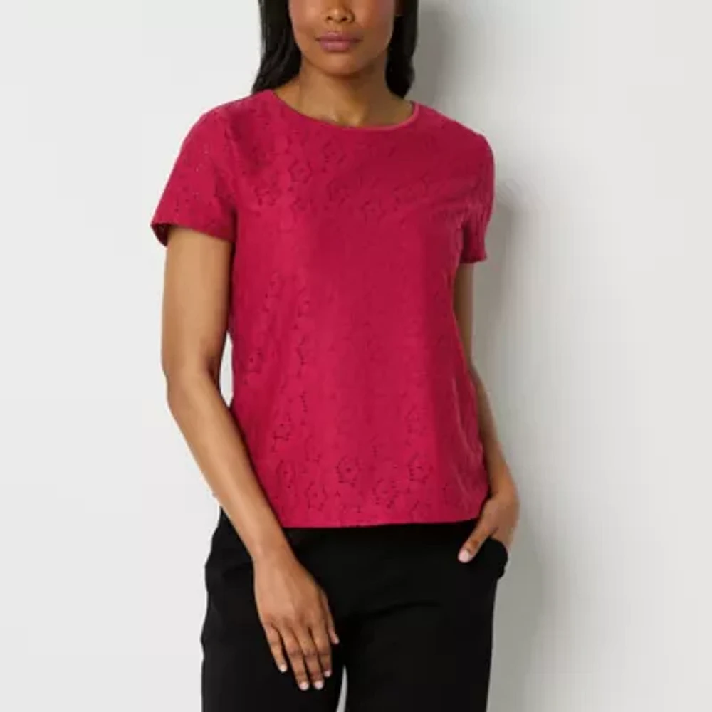 Liz Claiborne Womens Round Neck Short Sleeve Lace Blouse