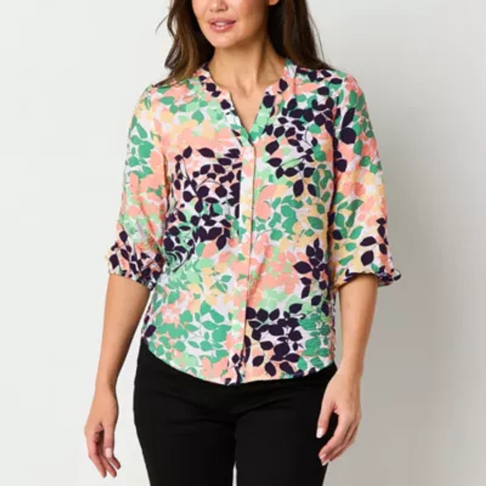 Liz Claiborne Womens Split Crew Neck 3/4 Sleeve Fitted Regular Fit Button-Down Shirt