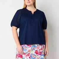 St. John's Bay Womens Split Crew Neck Short Sleeve Plus T-Shirt