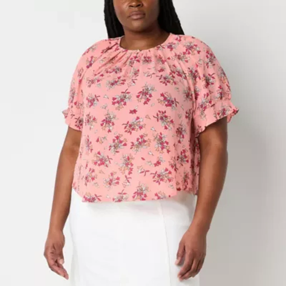 Liz Claiborne Womens Crew Neck Short Sleeve Plus Blouse