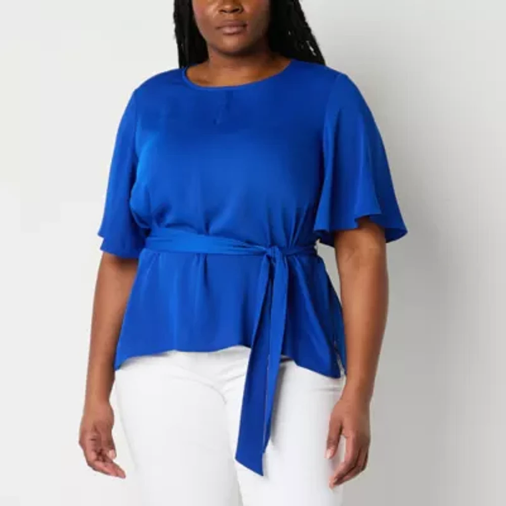 Liz Claiborne Womens Round Neck Elbow Sleeve Satin Plus Blouse