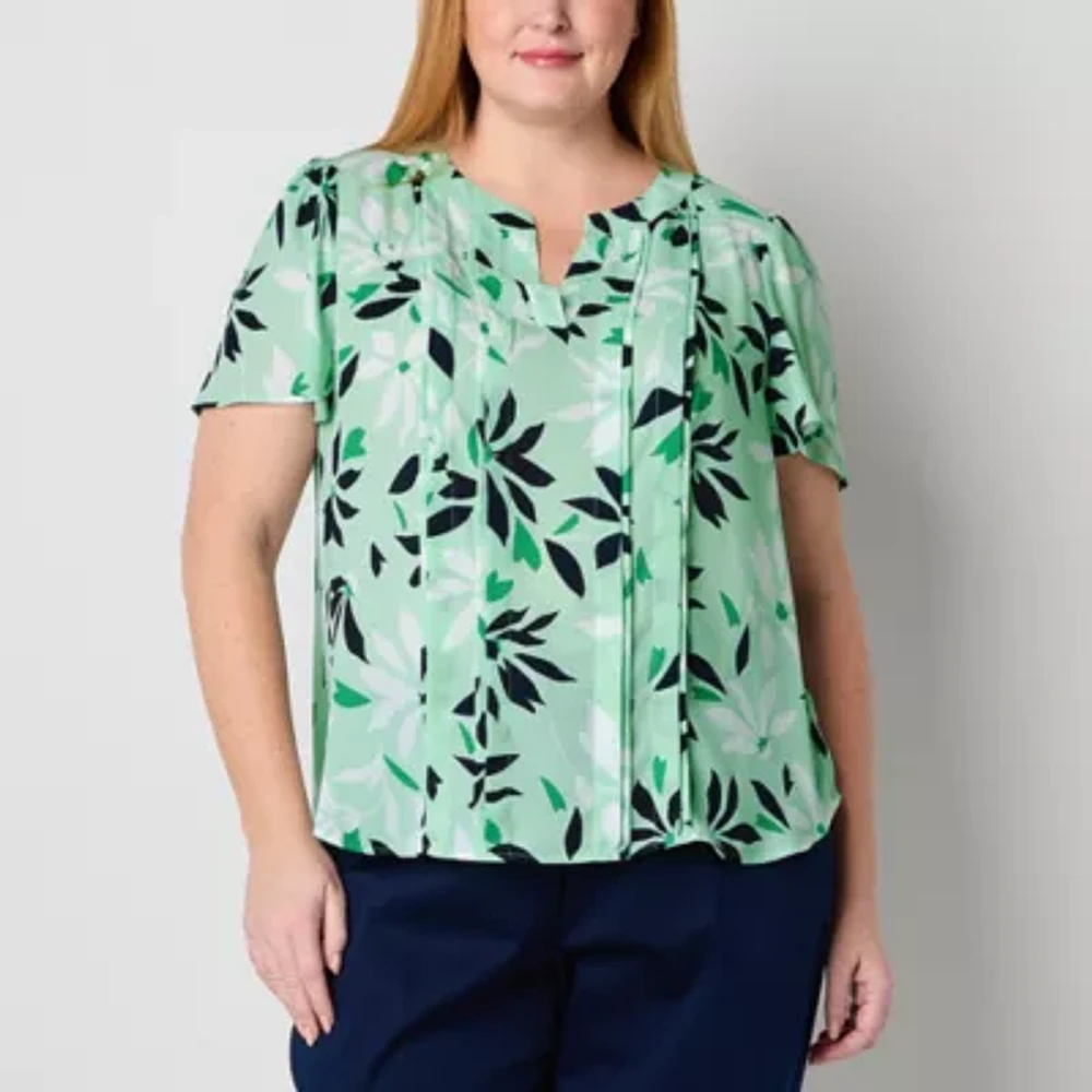 Liz Claiborne Womens Split Crew Neck Short Sleeve Plus Blouse