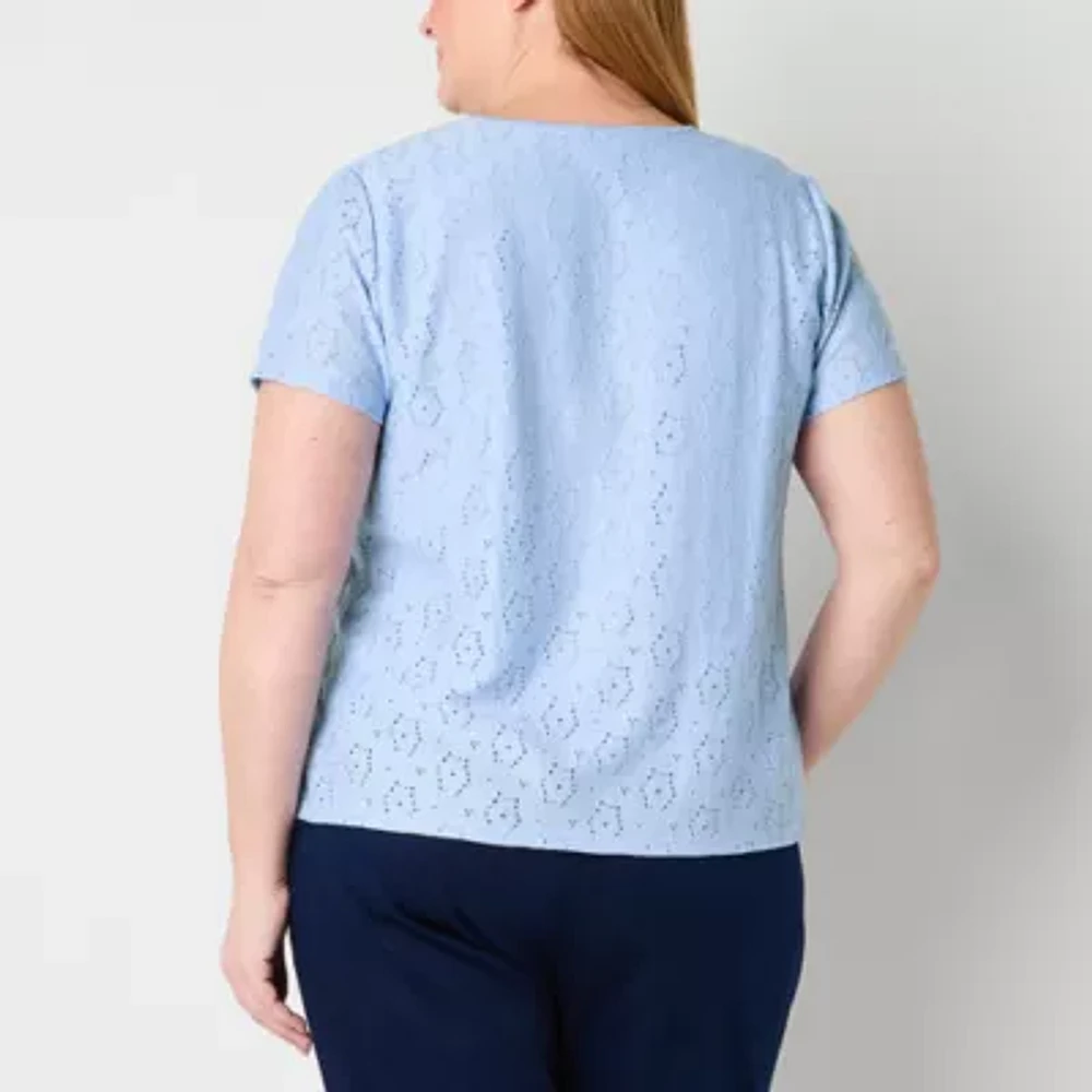 Liz Claiborne Womens Round Neck Short Sleeve Lace Plus Blouse