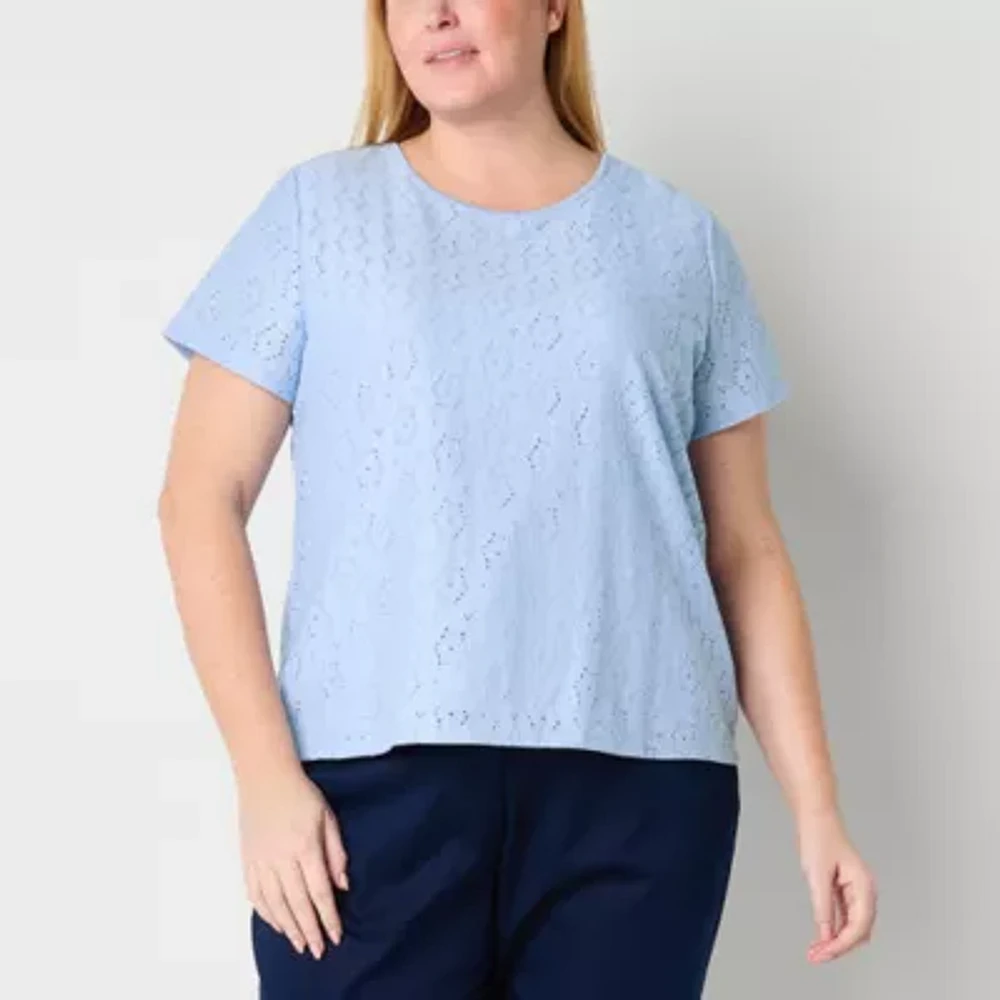 Liz Claiborne Womens Round Neck Short Sleeve Lace Plus Blouse