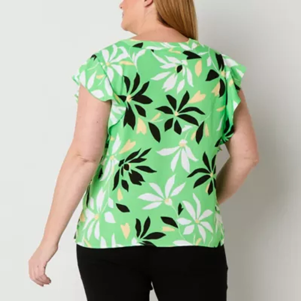 Liz Claiborne Womens V Neck Short Sleeve Satin Plus Blouse