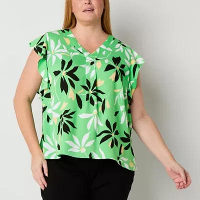 Liz Claiborne Womens V Neck Short Sleeve Satin Plus Blouse