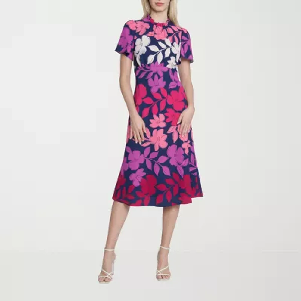 London Style Womens Short Sleeve Floral Midi Fit + Flare Dress
