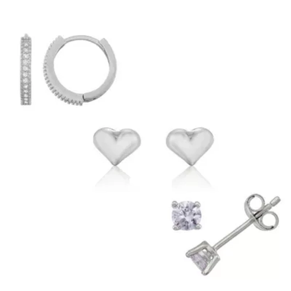 Girls Cubic Zirconia Sterling Silver Heart Earring Set