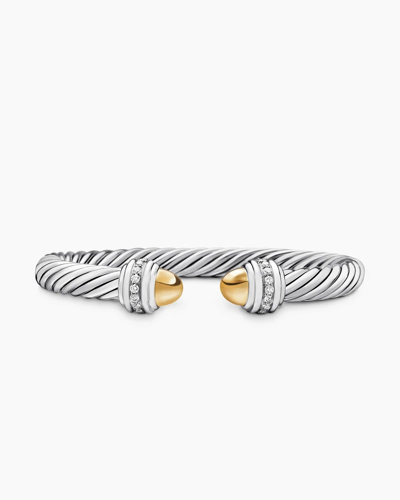 Classic Cable Bracelet Sterling Silver with 14K Yellow Gold Domes and Diamonds, 7mm
