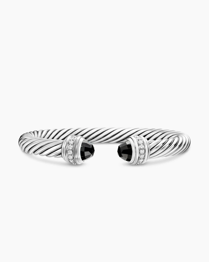 Classic Cable Bracelet Sterling Silver with Black Onyx and Diamonds, 7mm