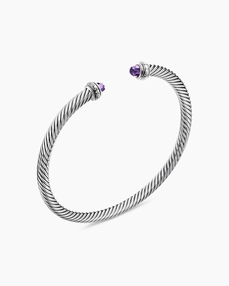 Classic Cable Bracelet Sterling Silver with Amethyst and Diamonds, 4mm