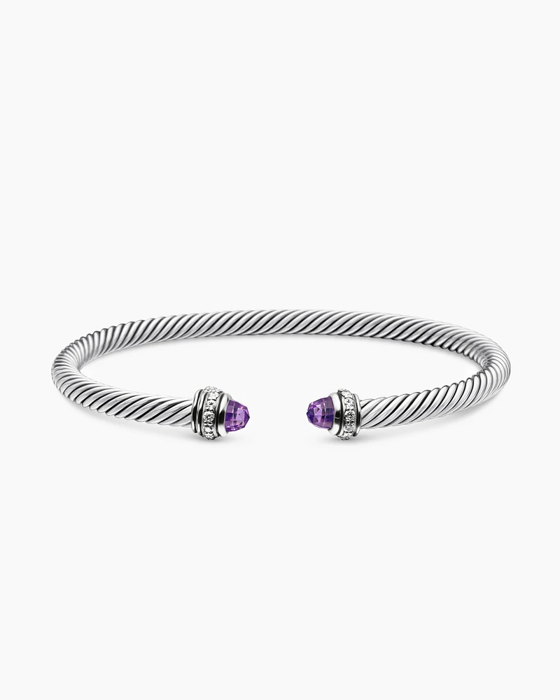 Classic Cable Bracelet Sterling Silver with Amethyst and Diamonds, 4mm