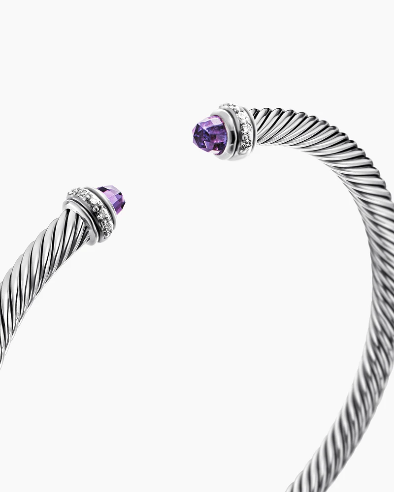 Classic Cable Bracelet Sterling Silver with Amethyst and Diamonds, 4mm